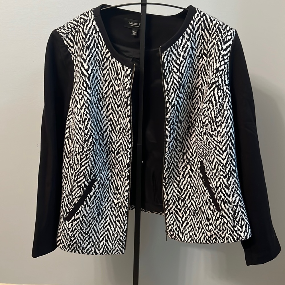 TALBOTS Black & white women's jacket zipper front 19WP longs sleeve pockets NWOT